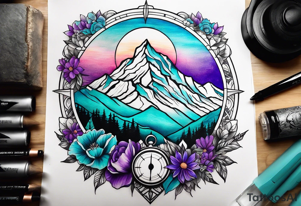 half sleeve tattoo on my shoulder. It features a mountain range, with a compass rose rising up from behind the mountain like a sunrise. In front of the mountains, there are purple and teal flowers. tattoo idea