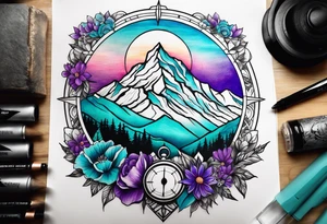 half sleeve tattoo on my shoulder. It features a mountain range, with a compass rose rising up from behind the mountain like a sunrise. In front of the mountains, there are purple and teal flowers. tattoo idea
