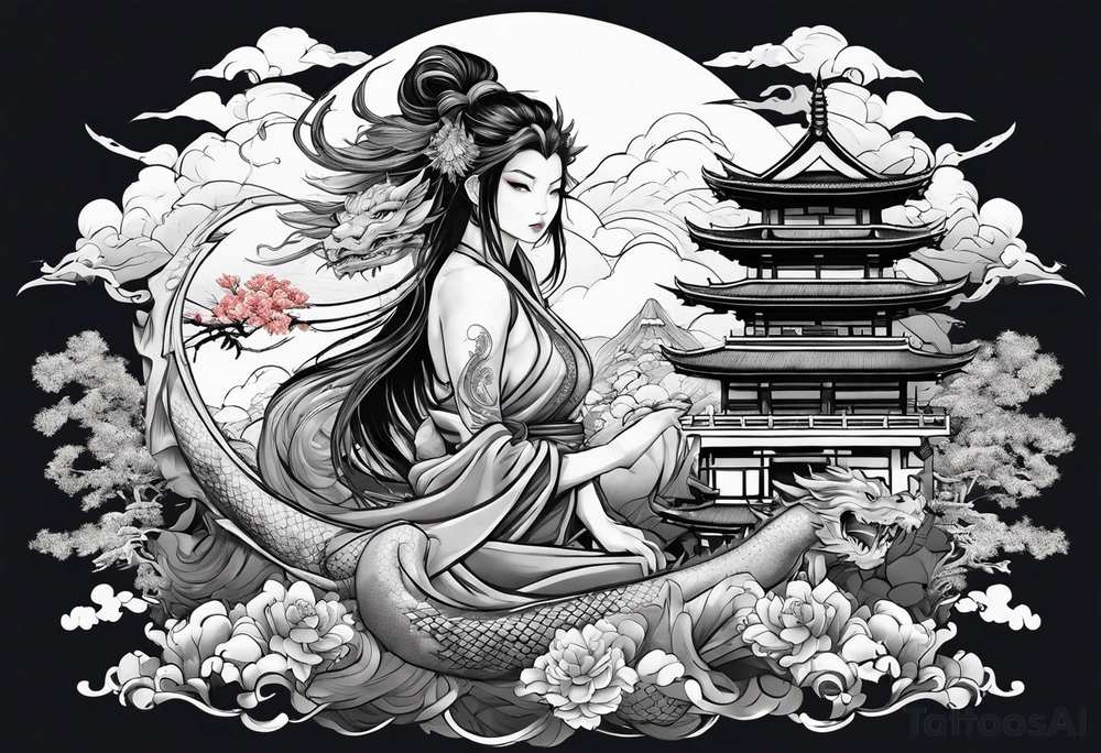 warrior beautiful fairy nymph with a full body with a sword and a full dragon with a mountain with clouds and a Japanese building background tattoo idea