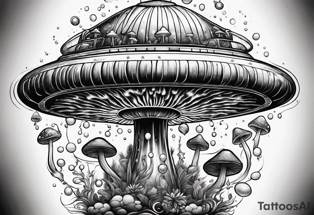 Psychedelic mushroom rocketship bursting out of bubble into spiritual realm tattoo idea