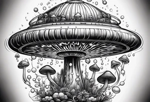 Psychedelic mushroom rocketship bursting out of bubble into spiritual realm tattoo idea