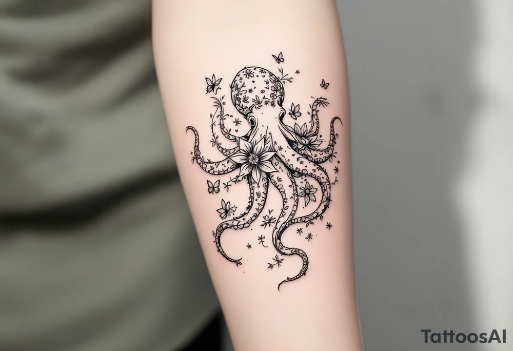 A simple fine-line tattoo design of a single octopus made entirely of flowers and butterflies. The octopus’s tentacles are shaped like flowing floral vines with leaves and petals, and its body is composed of overlapping blossoms and butterfly wings. Incorporate sacred geometry. The style is minimalist, elegant, and nature-inspired, with delicate black and grey lines, soft shading, and no outlines. No aquatic or marine elements besides the floral octopus. Simple. The design flows organically down the upper arm or shoulder, with a light, airy feel, minimalist tattoo idea