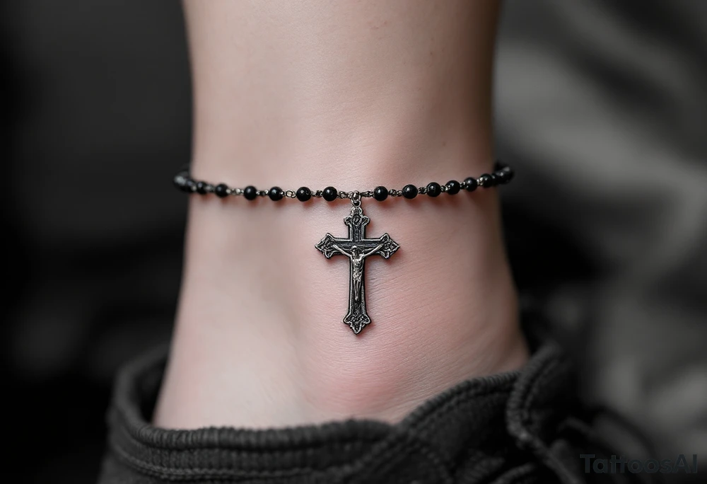 Delicate black‑ink rosary each bead slightly worn for a vintage look, ending at the front of the ankle with a small detailed silver‑gray crucifix that rests just below the anklebone, subtle highlights on the chain links to suggest polished metal while keeping the overall palette muted charcoal and cool gray for an elegant, timeless feel. tattoo idea