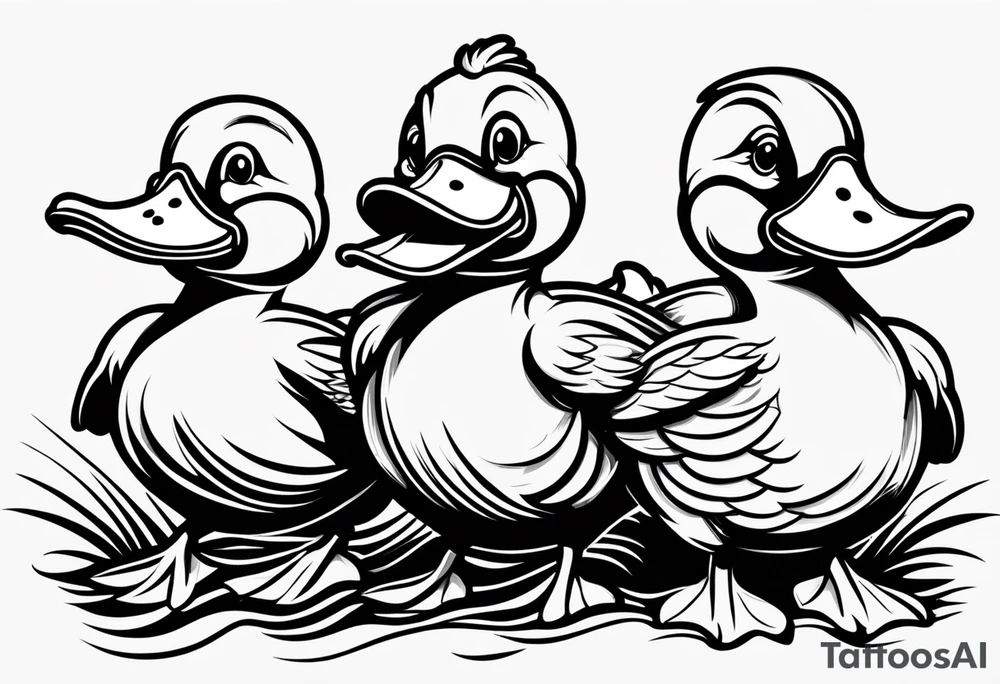 3 ducks in a row

The ducks are rubber duck, cartoonish 

1st duck is holding a roll of paper under its wing

2nd duck is wearing a radio headset 

3rd duck is holding a screwdriver in its bill tattoo idea