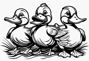 3 ducks in a row

The ducks are rubber duck, cartoonish 

1st duck is holding a roll of paper under its wing

2nd duck is wearing a radio headset 

3rd duck is holding a screwdriver in its bill tattoo idea