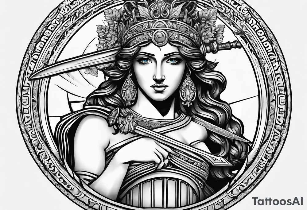 "I would like to depict Themis (Greek Goddess of Justice) cutting her own eyes with her sword." tattoo idea