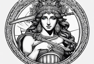 "I would like to depict Themis (Greek Goddess of Justice) cutting her own eyes with her sword." tattoo idea