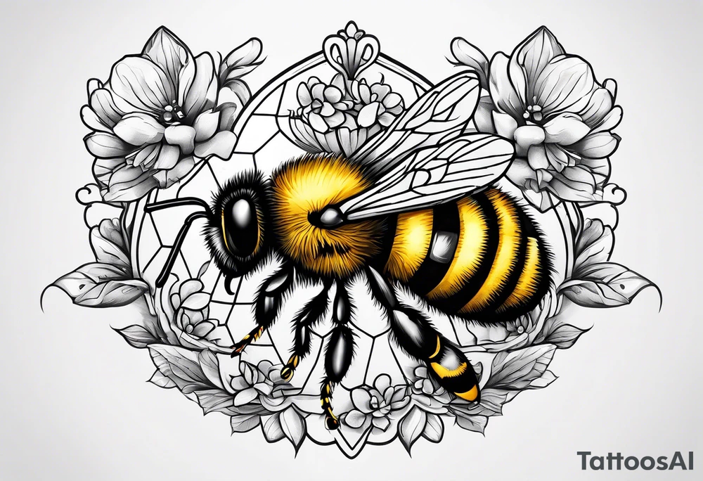 a tattoo with beehive flowers bees and queen bee signifying a mothers love guidance and bond with her daughters and granddaughter tattoo idea