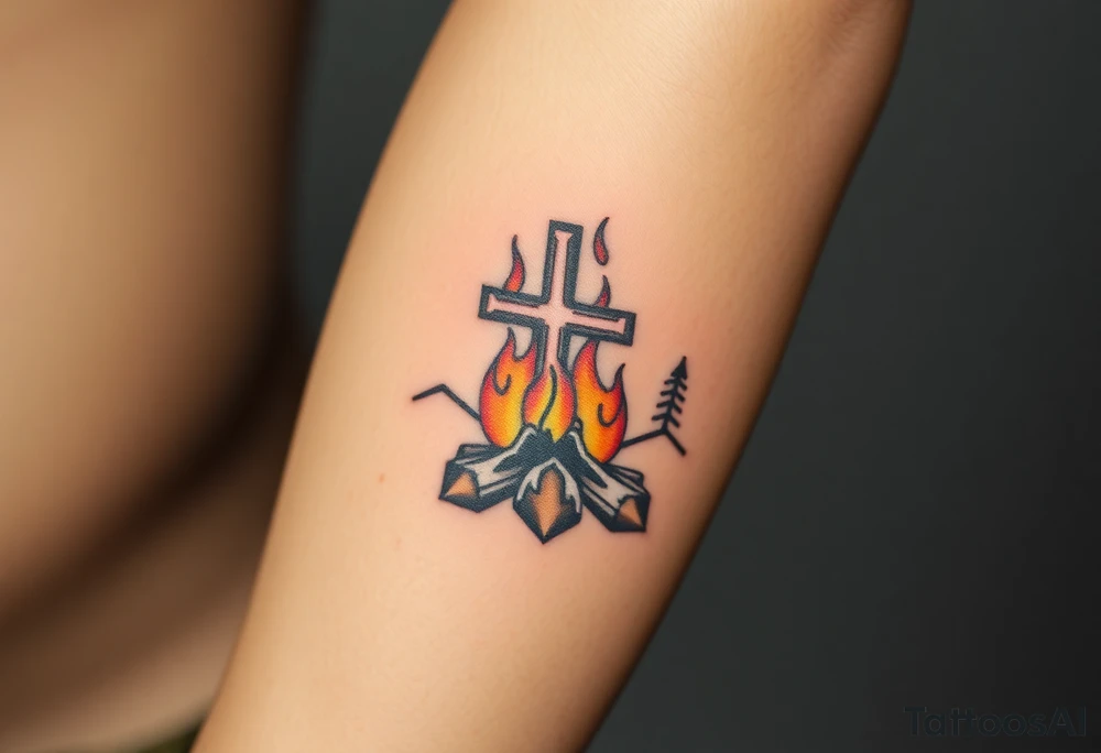 Campfire with cross include the great outdoors and night sky make sure cross doesn't look like it is on fire tattoo idea