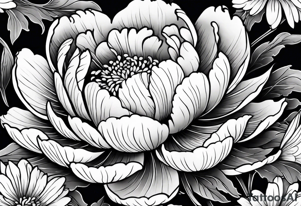Japanese Floral peony water sleeve black and white neo traditional chrysanthemum tattoo idea