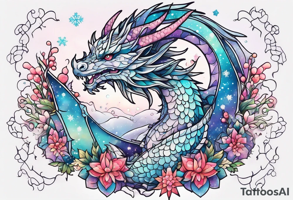 Constellation, kawaii dragon, snowflake tattoo idea