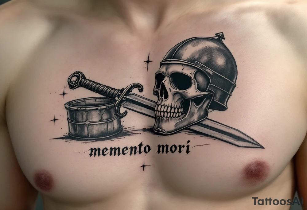 A skeleton knight’s helmet resting beside a sword in metallic silver and black, "memento mori" scrawled in aged ink below. tattoo idea