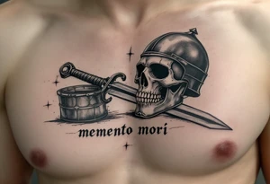 A skeleton knight’s helmet resting beside a sword in metallic silver and black, "memento mori" scrawled in aged ink below. tattoo idea