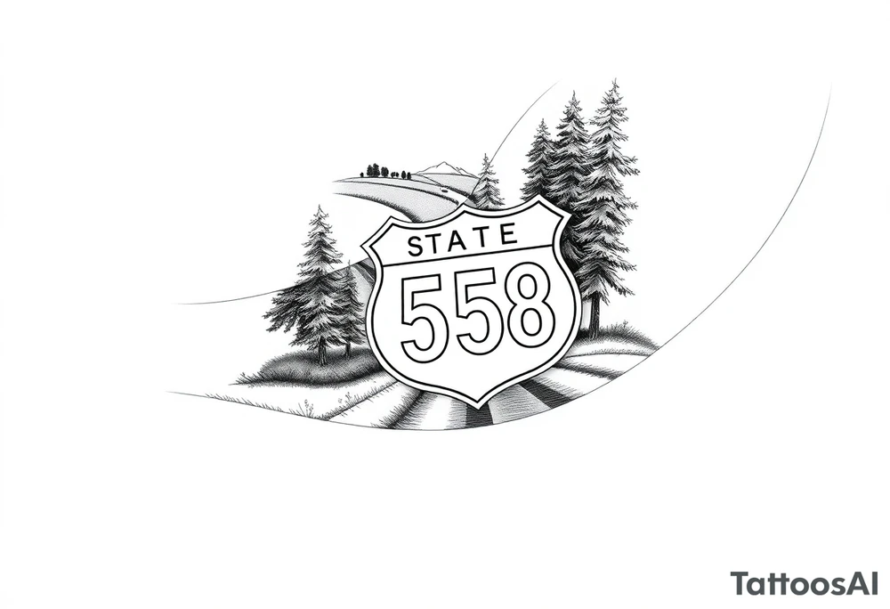 Arm sleeve State Route sign 558 at wrist, with trees all around and farm in background, road w/ view tattoo idea