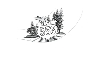 Arm sleeve State Route sign 558 at wrist, with trees all around and farm in background, road w/ view tattoo idea