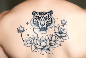 fierce tiger emerging through blooming lotus flowers in mist tattoo idea