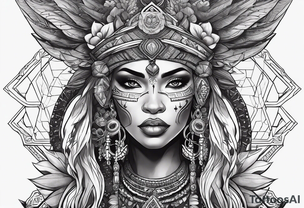 valkrye, kali, pirate, african goddess, , warrior, native american, lotus, zenza resonance, skulls, dragon, pachamama, left side face, chest, right wing, tattoo idea