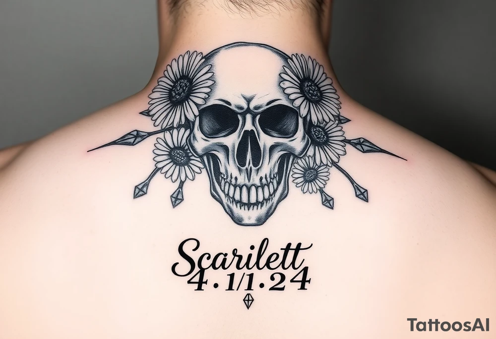 Masculine skull with daisies and diamonds with the name Scarlett on it and the date 4/1/24 tattoo idea