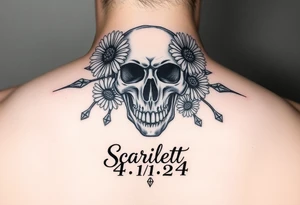 Masculine skull with daisies and diamonds with the name Scarlett on it and the date 4/1/24 tattoo idea