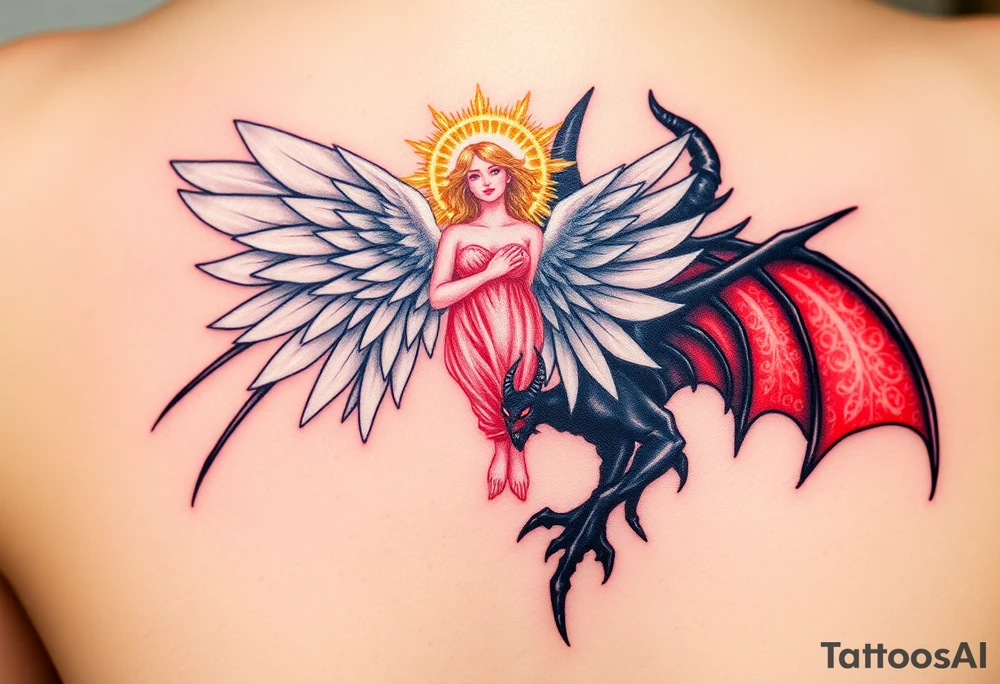 A radiant angel, with soft white wings and a glowing halo, surrounded by light, juxtaposed against a dark demon, with jagged black wings and fiery red eyes, symbolizing the ultimate conflict between good and evil. tattoo idea