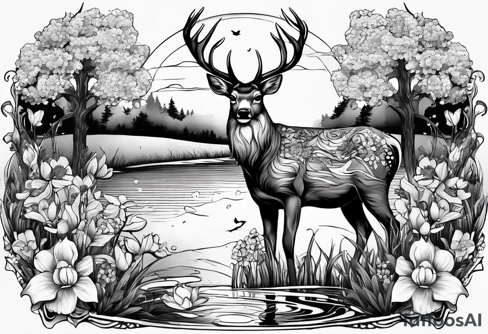 Memorial tattoo 
July 6th 2024 with a deer and a pond with dogwood flowers tattoo idea