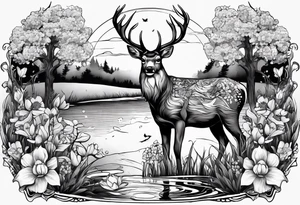 Memorial tattoo 
July 6th 2024 with a deer and a pond with dogwood flowers tattoo idea