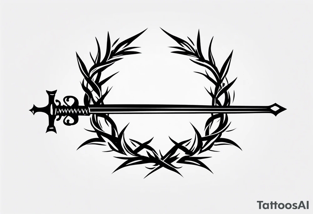 A simple design of a crown of thorns resting on the guard of a sword that is piercing a heart tattoo idea