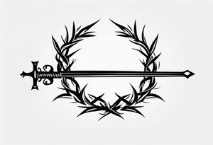 A simple design of a crown of thorns resting on the guard of a sword that is piercing a heart tattoo idea
