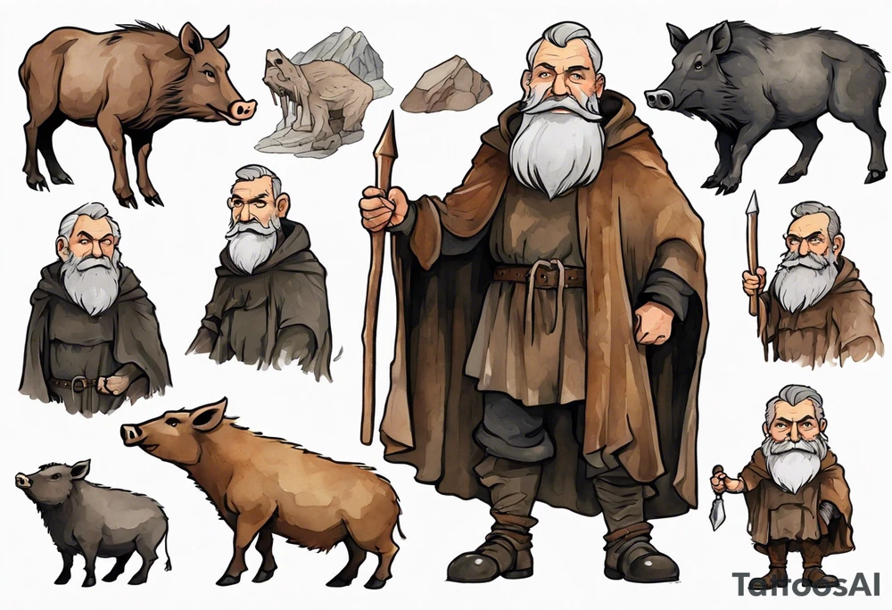 a 55-year-old medieval Bavarian man with a grey beard and broad shoulders wearing a brown and black cloak standing next to a boar in front of a cave tattoo idea