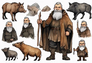 a 55-year-old medieval Bavarian man with a grey beard and broad shoulders wearing a brown and black cloak standing next to a boar in front of a cave tattoo idea