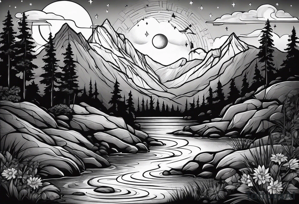 a family of three sitting in a nature with mountains, waterfall, water, and a cross in the background and and moon in the sky with stars tattoo idea