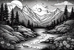 a family of three sitting in a nature with mountains, waterfall, water, and a cross in the background and and moon in the sky with stars tattoo idea