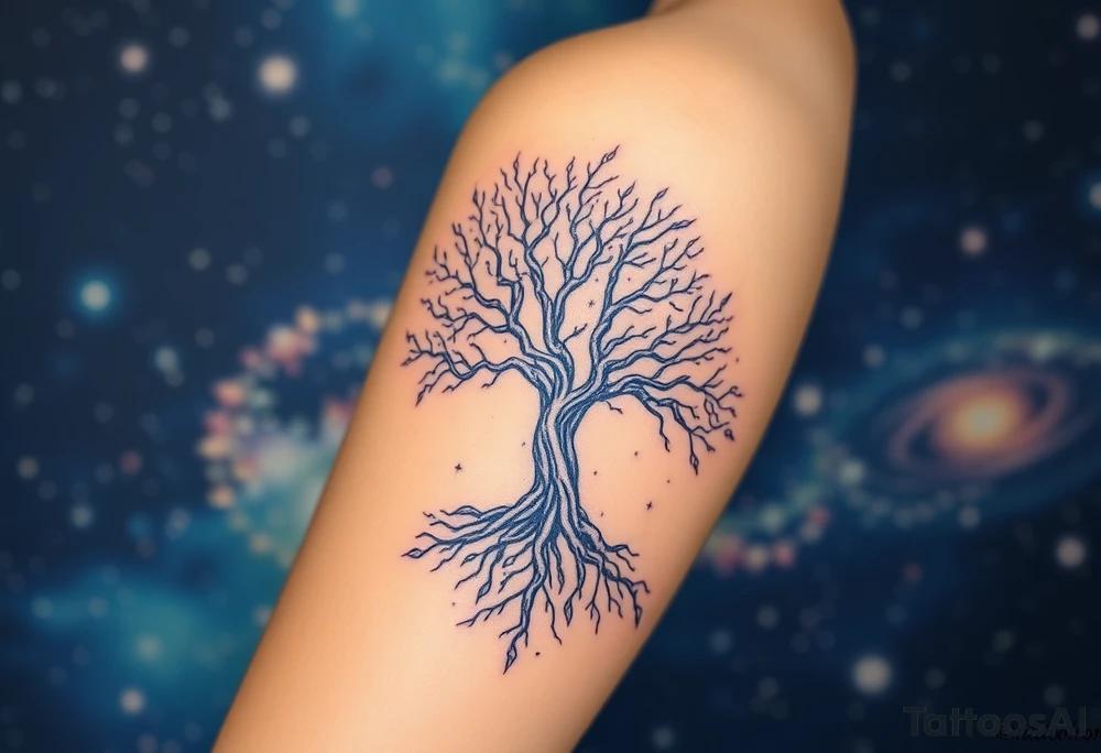 mystical tree of life with cosmic roots and celestial branches, 
more full tree and sparkles around ethereal, making it a scene in a galaxy background 
encapsulate the shoulder branches go down to elbow tattoo idea