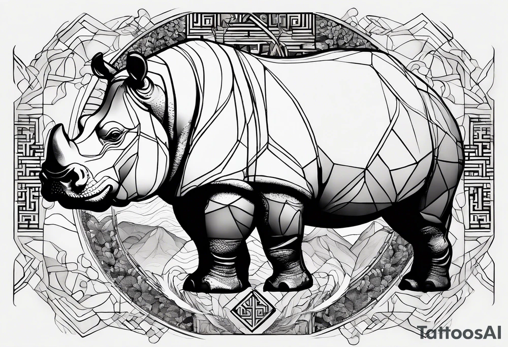 Asymmetrical, geometric, chinese ink art touch, hippo , full moon, tribal, orientation portrait tattoo idea