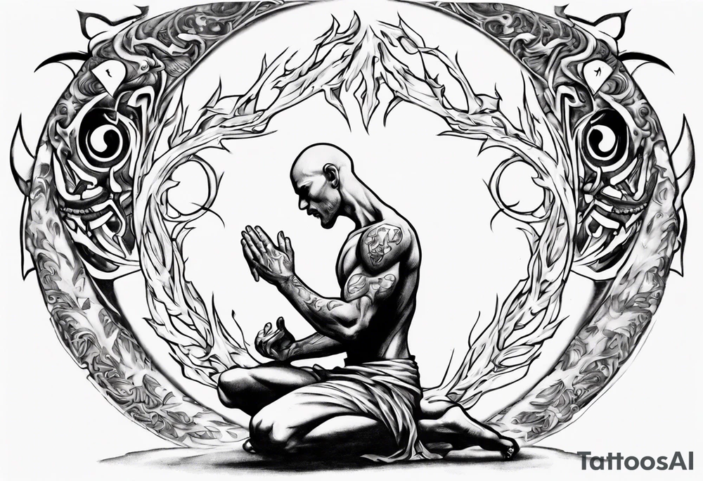 Peaceful warrior kneeling down on one knee. One hand is feeding the weak. One hand is holding the world up above his shoulders. tattoo idea