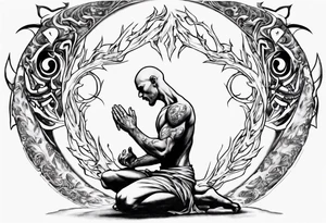 Peaceful warrior kneeling down on one knee. One hand is feeding the weak. One hand is holding the world up above his shoulders. tattoo idea