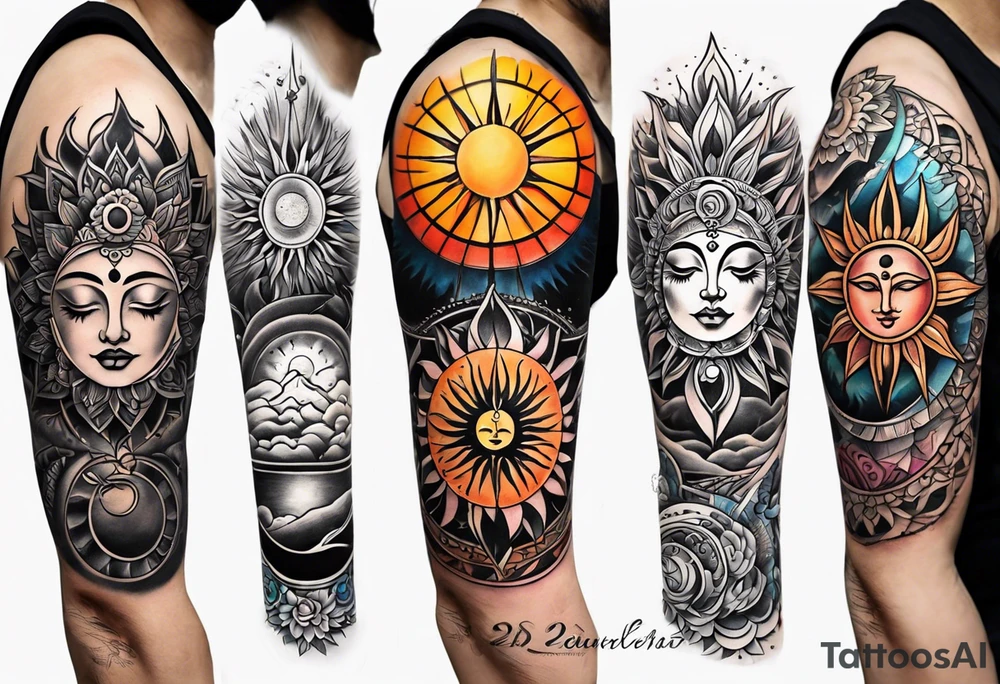 Full sleeve tattoo with large outlines that has the sun and moon intertwined with the 7 chakra symbols that perfectly embodies the divine feminine tattoo idea