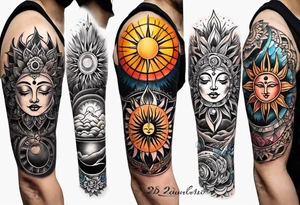 Full sleeve tattoo with large outlines that has the sun and moon intertwined with the 7 chakra symbols that perfectly embodies the divine feminine tattoo idea