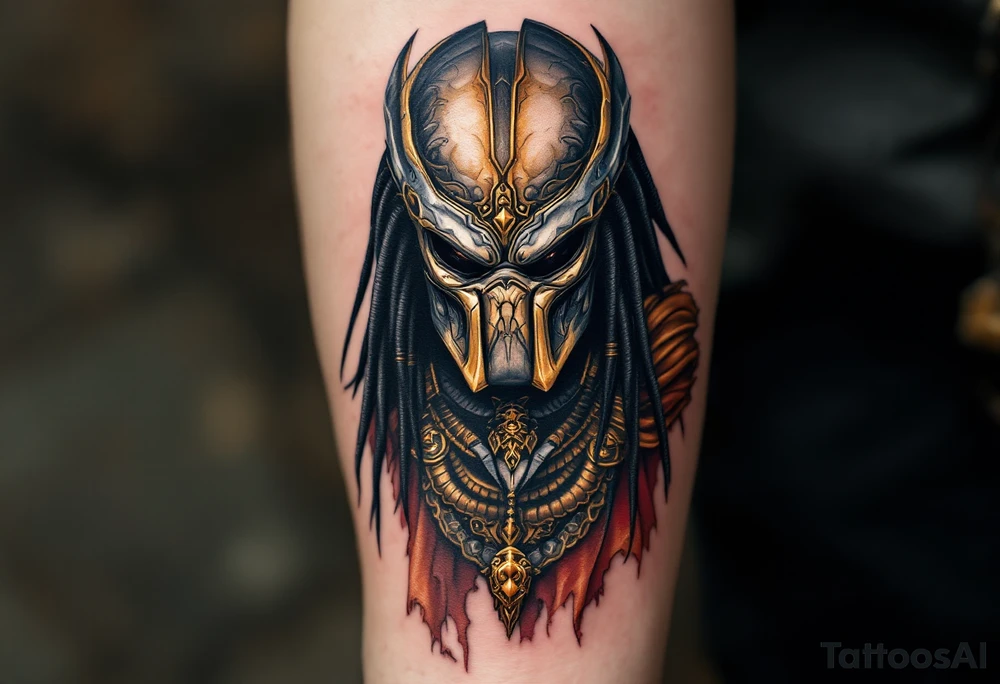 Ancient Elder Predator – A legendary leader of the Yautja race, with darkened, almost stone-like skin, ornate gold and silver armor, and a tattered ceremonial cape. Wears a highly decorated bio-mask passed down through generations. tattoo idea