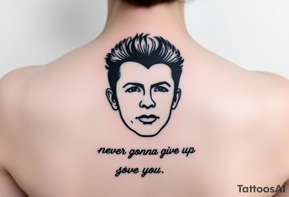 Rick Astley's Face outline with text Never Gonna Give You Up tattoo idea