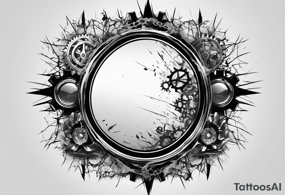 shattered mirror with a hand reaching out and the finger pointing to the center of mirror appearing as if to shatter it and theres gears revealed underneath the shattered mirror tattoo idea