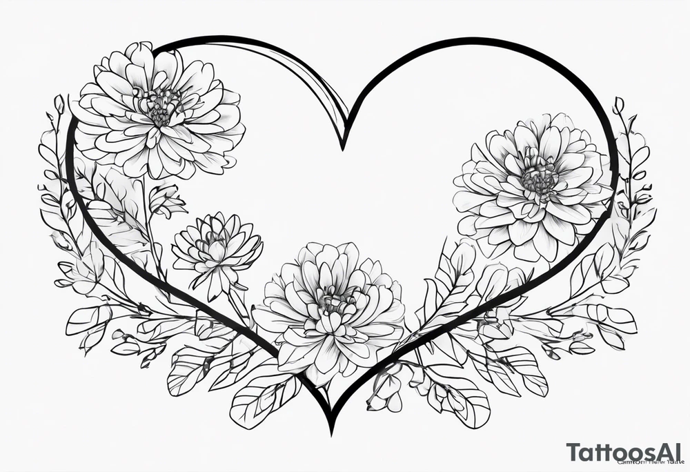 aster flowers shaping a heart with the name Cameron used to draw the heart and the time 8:34am written in words tattoo idea