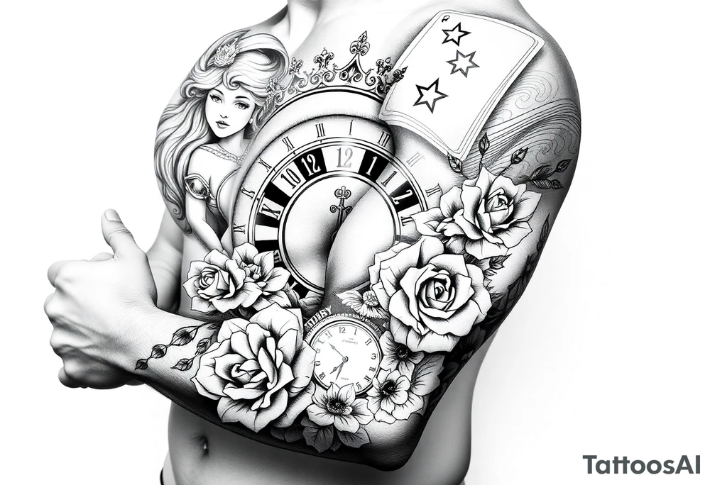 Roulette casino and princess and cross, baby angels, roses and clock and stars and fish, crown tattoo idea