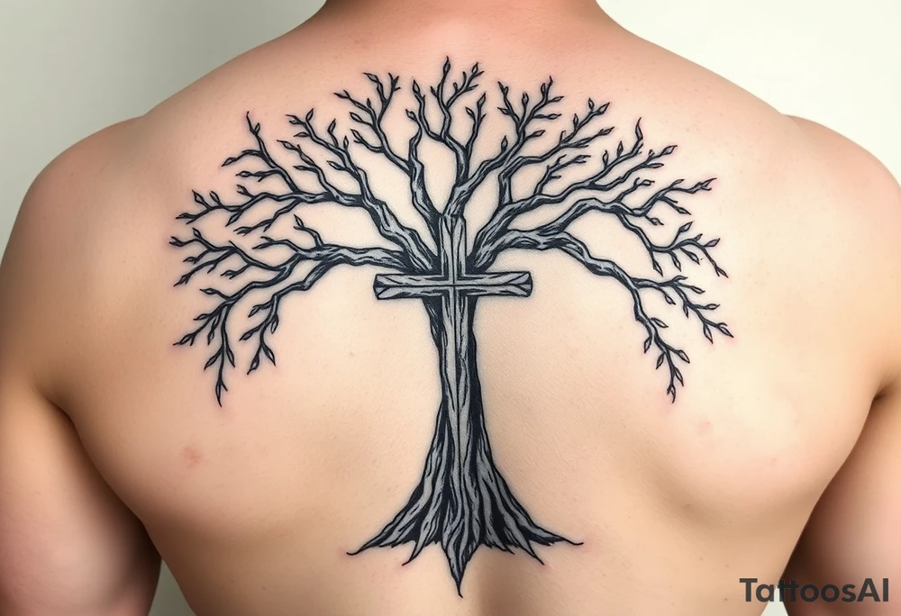 tree of life with the cross inside and some of the branches wrapping around it tattoo idea