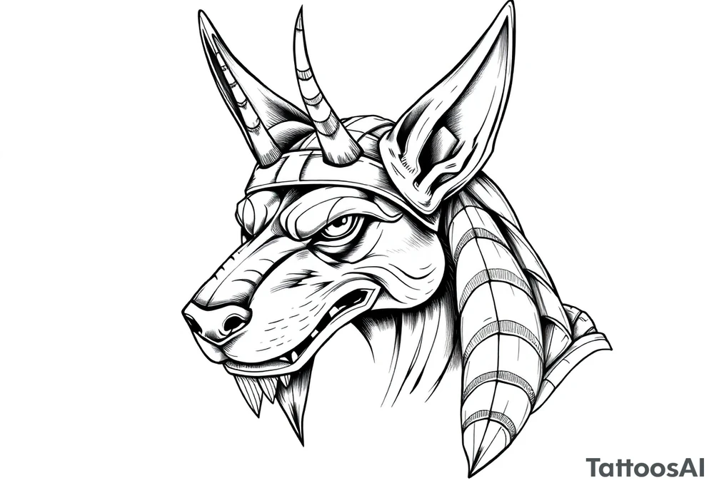Egyptian Anubis god powerful face muscle in Egypt style with mantle on head dog face long ears tattoo idea