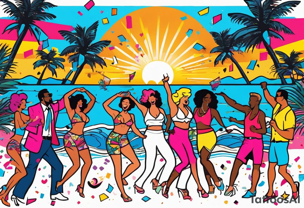 1980's miami vice style beach dance 
party, include confetti, music notes, boom box, SILHOUETTE bikinis sunset in the center tattoo idea