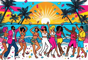 1980's miami vice style beach dance 
party, include confetti, music notes, boom box, SILHOUETTE bikinis sunset in the center tattoo idea