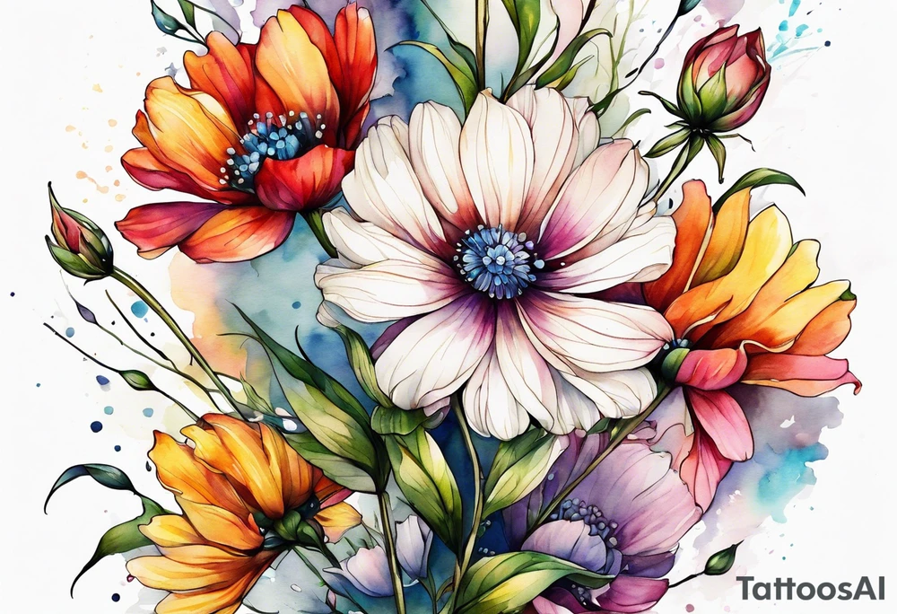 wild flowers long stems all watercolor tattoo idea