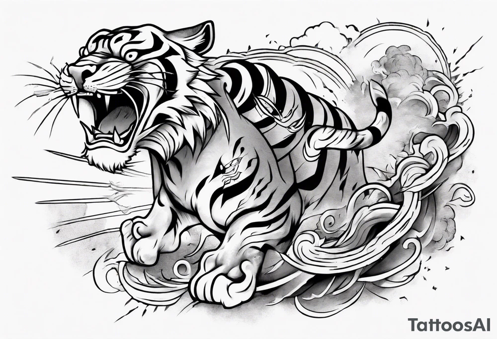 Ancient tiger with lightning and a sun for a forearm sleeve. With patterns surrounding it tattoo idea