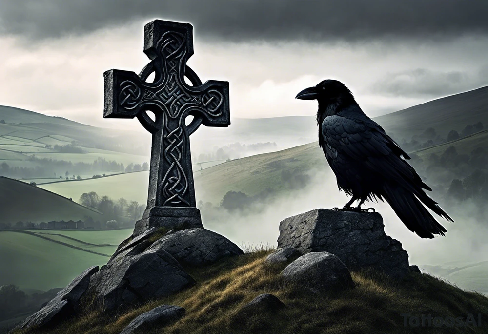 A stone Celtic cross solemnly standing atop a hill, a raven perches atop the cross staring out over the desolation. A ruined stone wall lies crumbling near the cross. Mist rolls along the hilltops adding to the melancholic nature of the scene tattoo idea